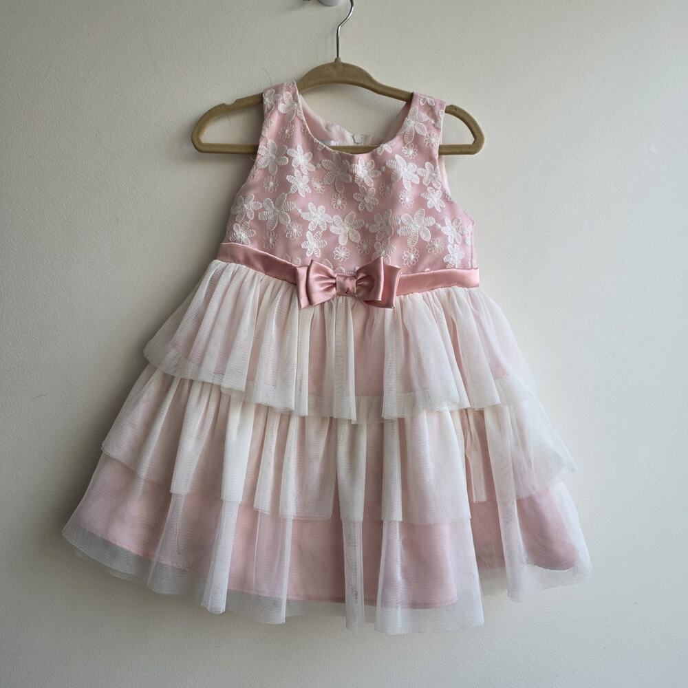 Bonnie Jean Girl's Size 18M‎ Pink & Ivory Tiered Flower Bow Party Dress Easter